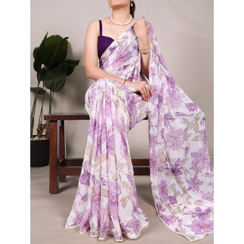 Elegant Weightless Marble Saree with Floral Print & Pearl Lace Border