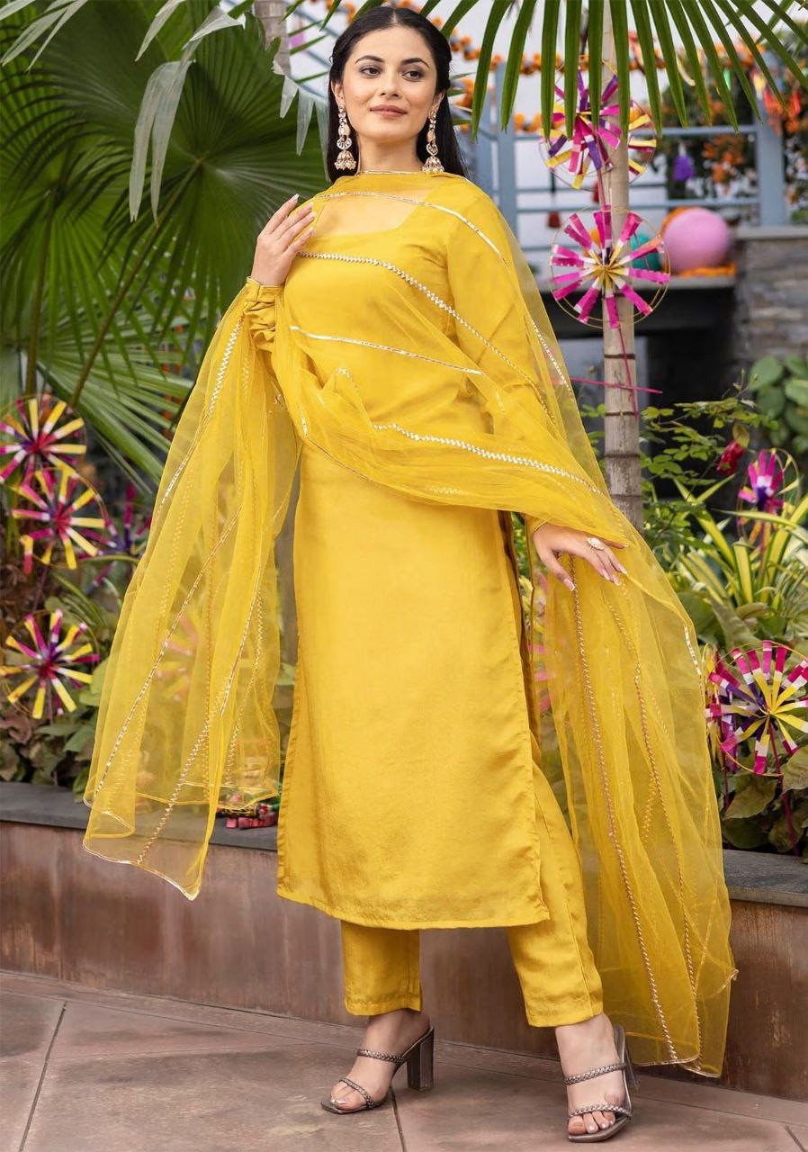Women’s Yellow Silk Kurta Pant Dupatta Set – Roman Silk Solid Kurti with Pants & Net Dupatta