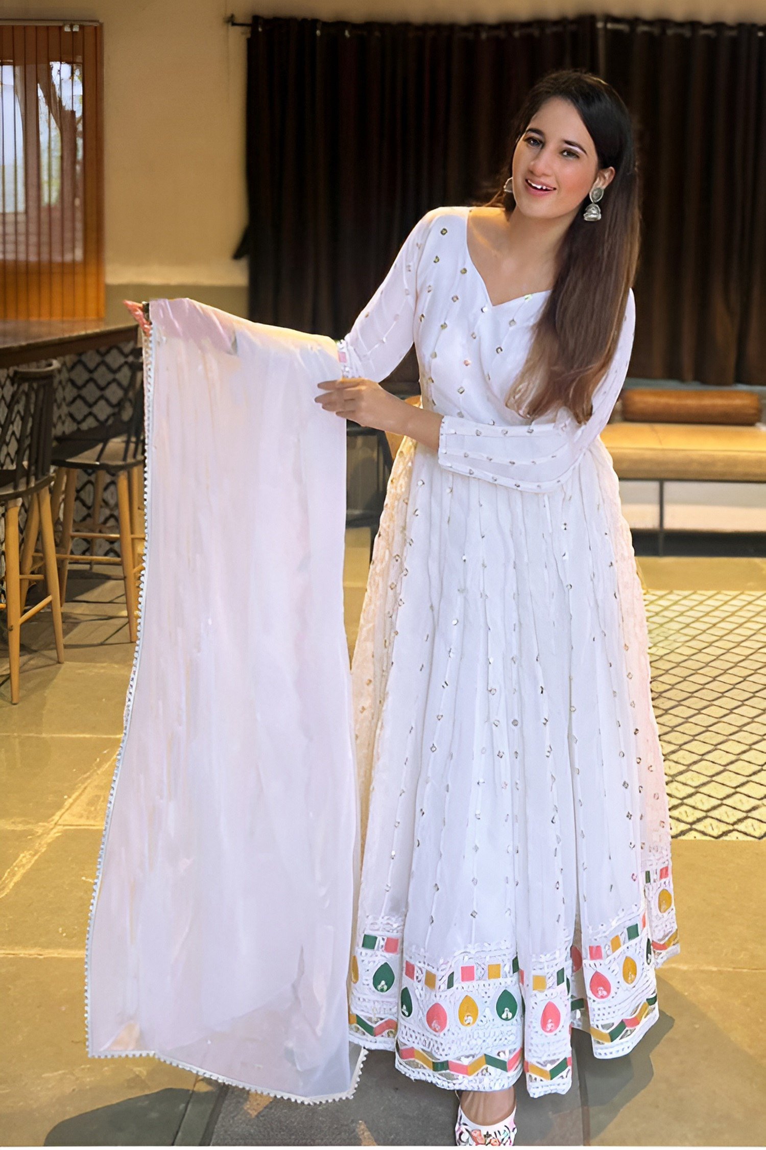 Elegant White Georgette Embroidered Anarkali with Dupatta