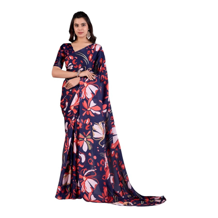 Elegant Navy Blue Floral Satin Georgette Saree with Blouse - Chic Indian Wear