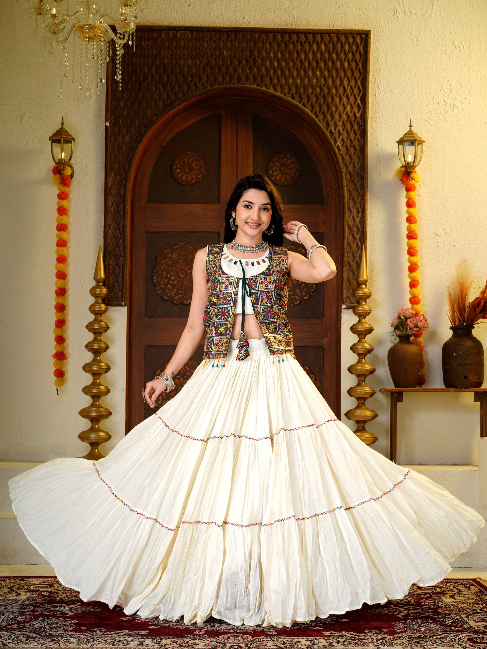 Designer 9 Meter Big Flare Lehenga Choli with Real Mirror Handwork & Heavy Embroidery Shrug