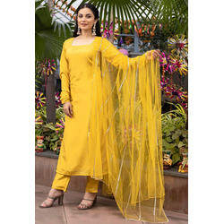 Women’s Yellow Silk Kurta Pant Dupatta Set – Roman Silk Solid Kurti with Pants & Net Dupatta