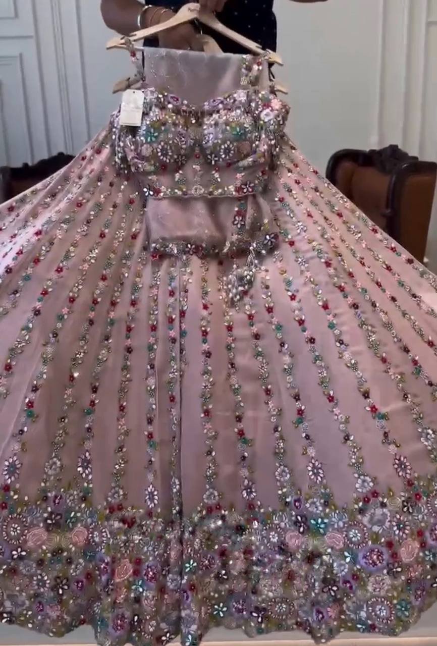 4 Meter Flared Faux Georgette Lehenga – Glamorous Stone & Mirror Embroidery with Can-Can and Canvas Layers