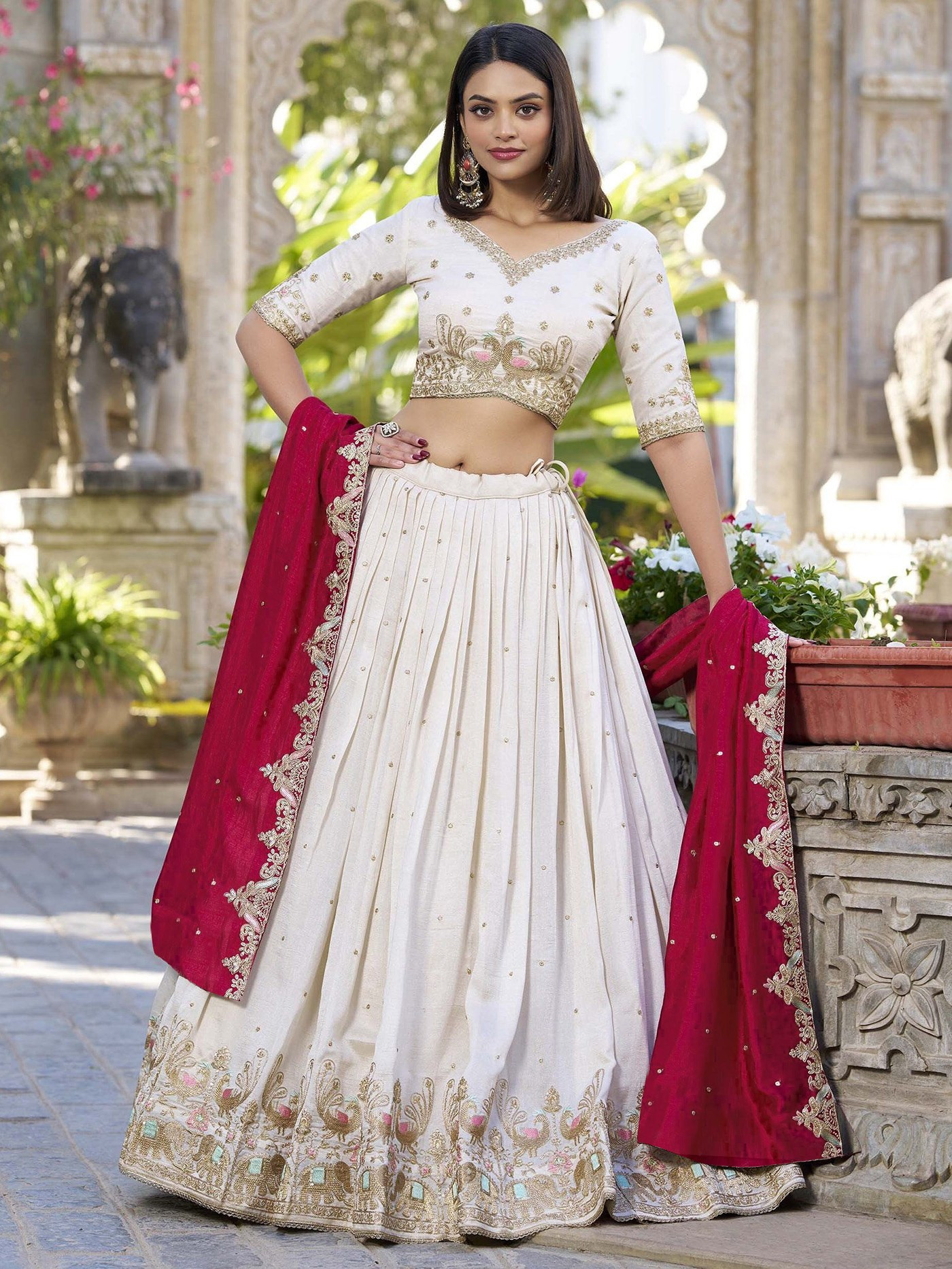 White Embellished Semi-Stitched Lehenga Choli Set
