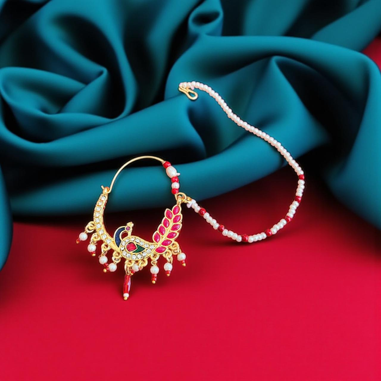 Peacock Design Nath with pearl and green stone