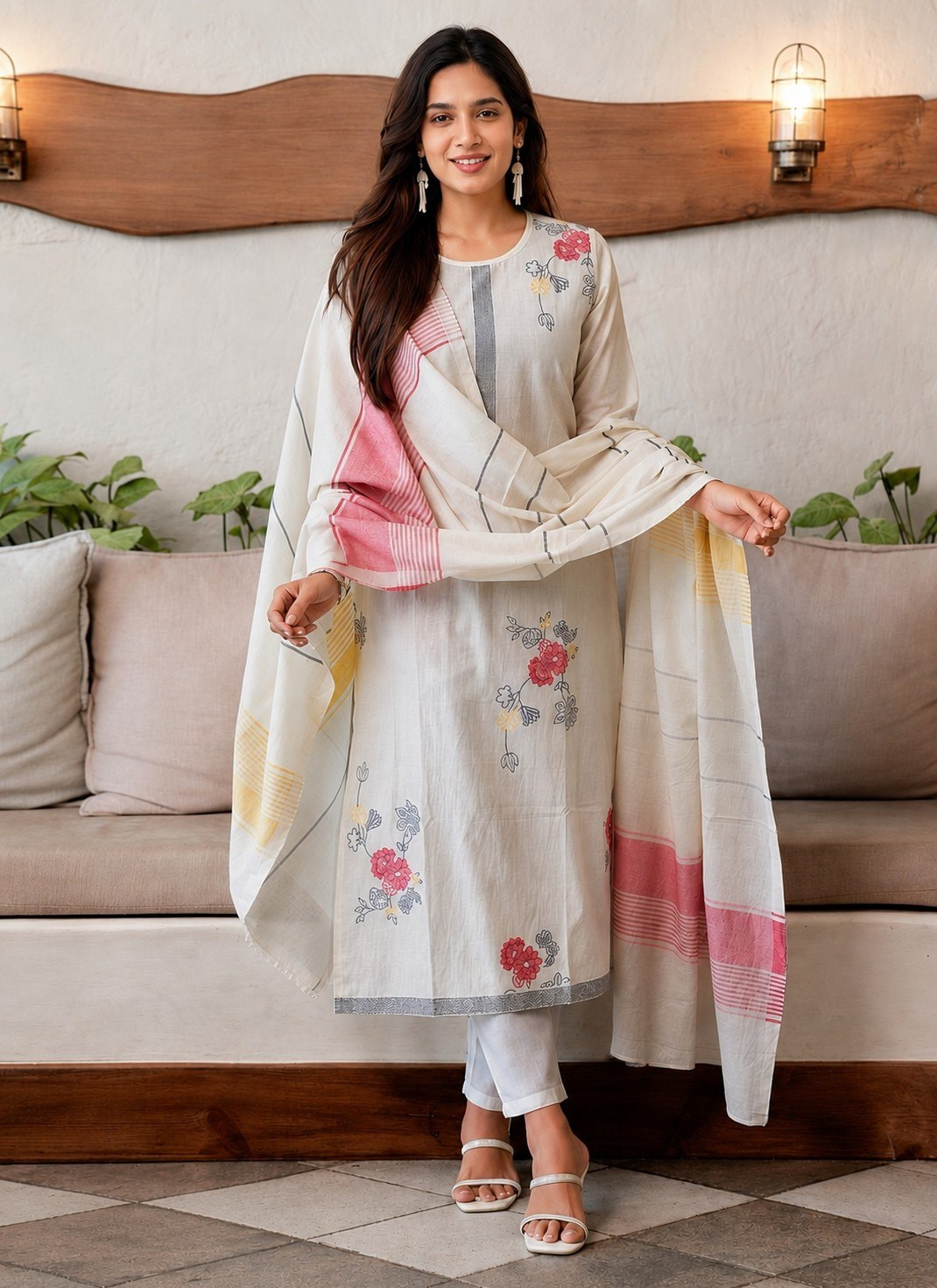 Premium Cotton Embroidered Kurta Pant Dupatta Set