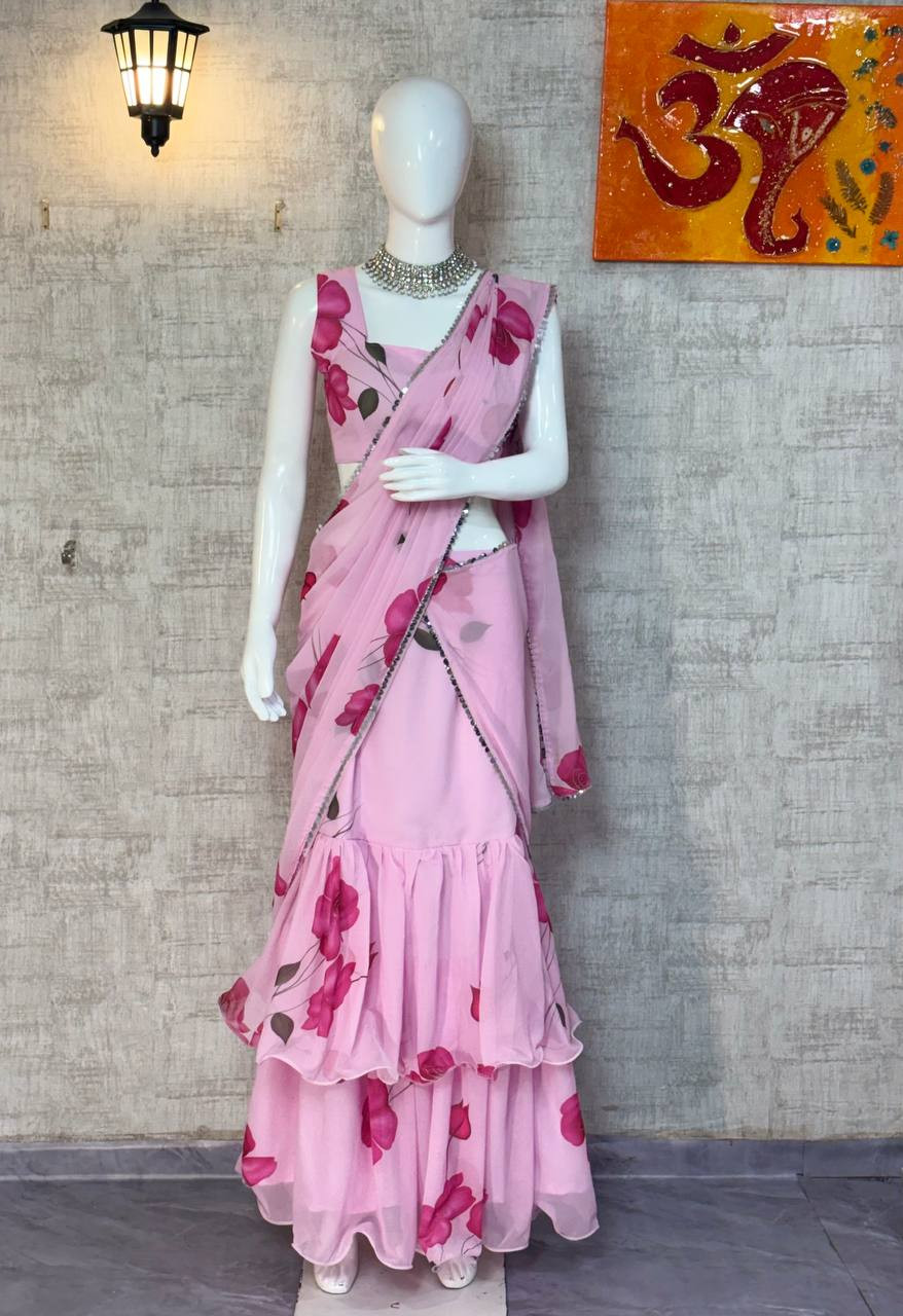 Premium Faux Georgette Readymade Frill Work Saree with Digital Print & Attached Pallu