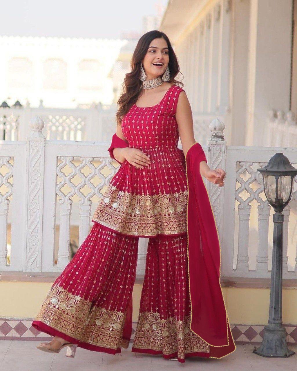 Elegant Pink Georgette Embroidered Kurta Sharara Set with Dupatta
