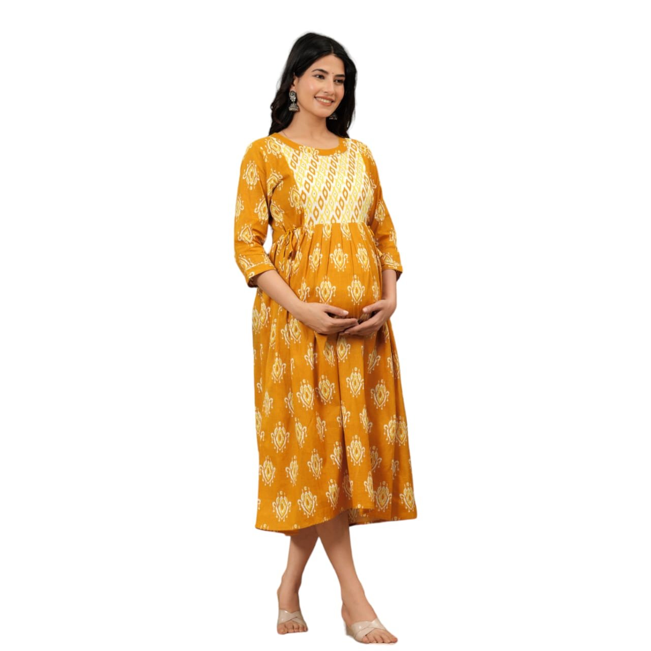 White mustard Printed Maternity Feeding Kurti