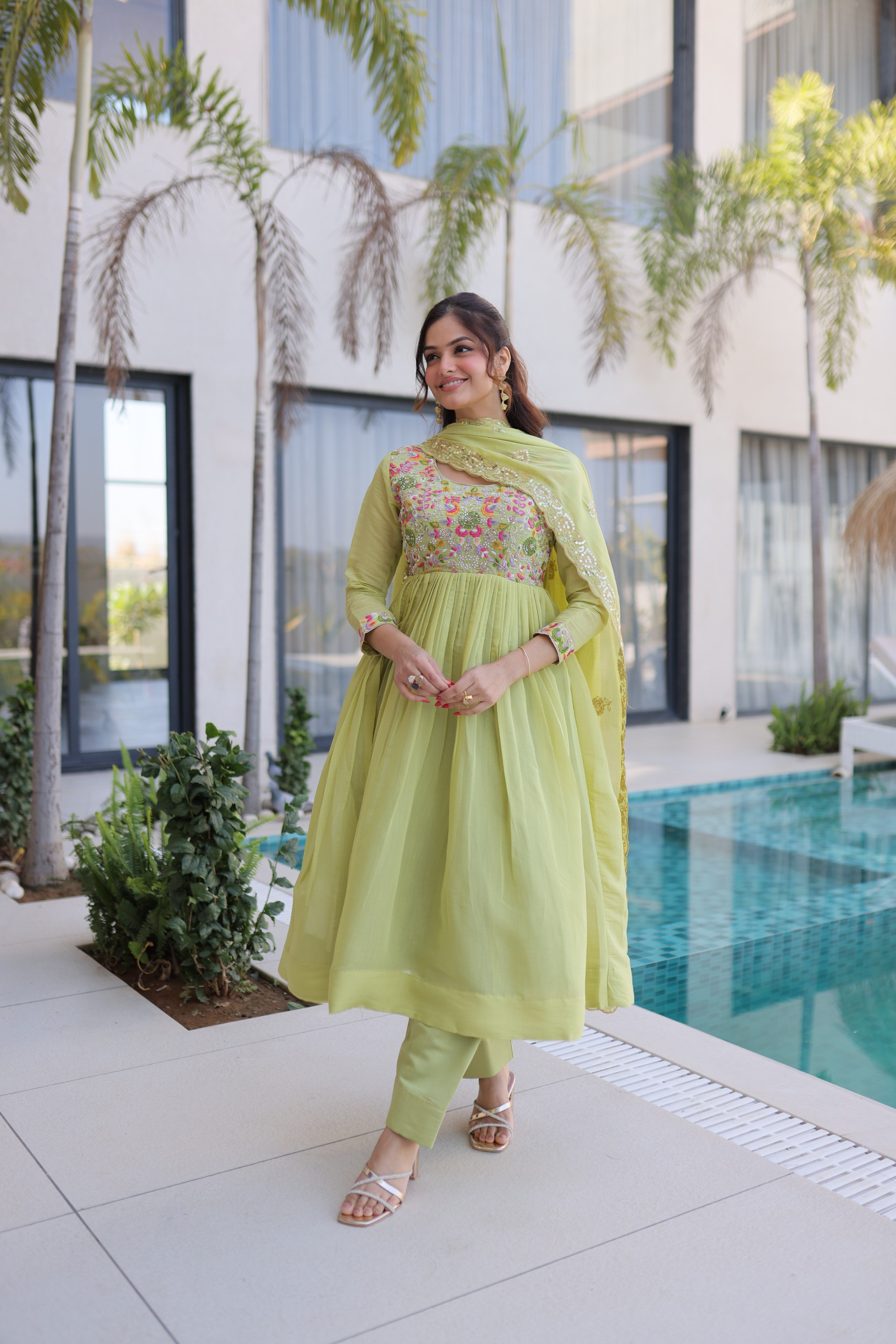Exquisite Beads Embroidered Mal Chanderi Anarkali Gown Set with Cutwork Dupatta