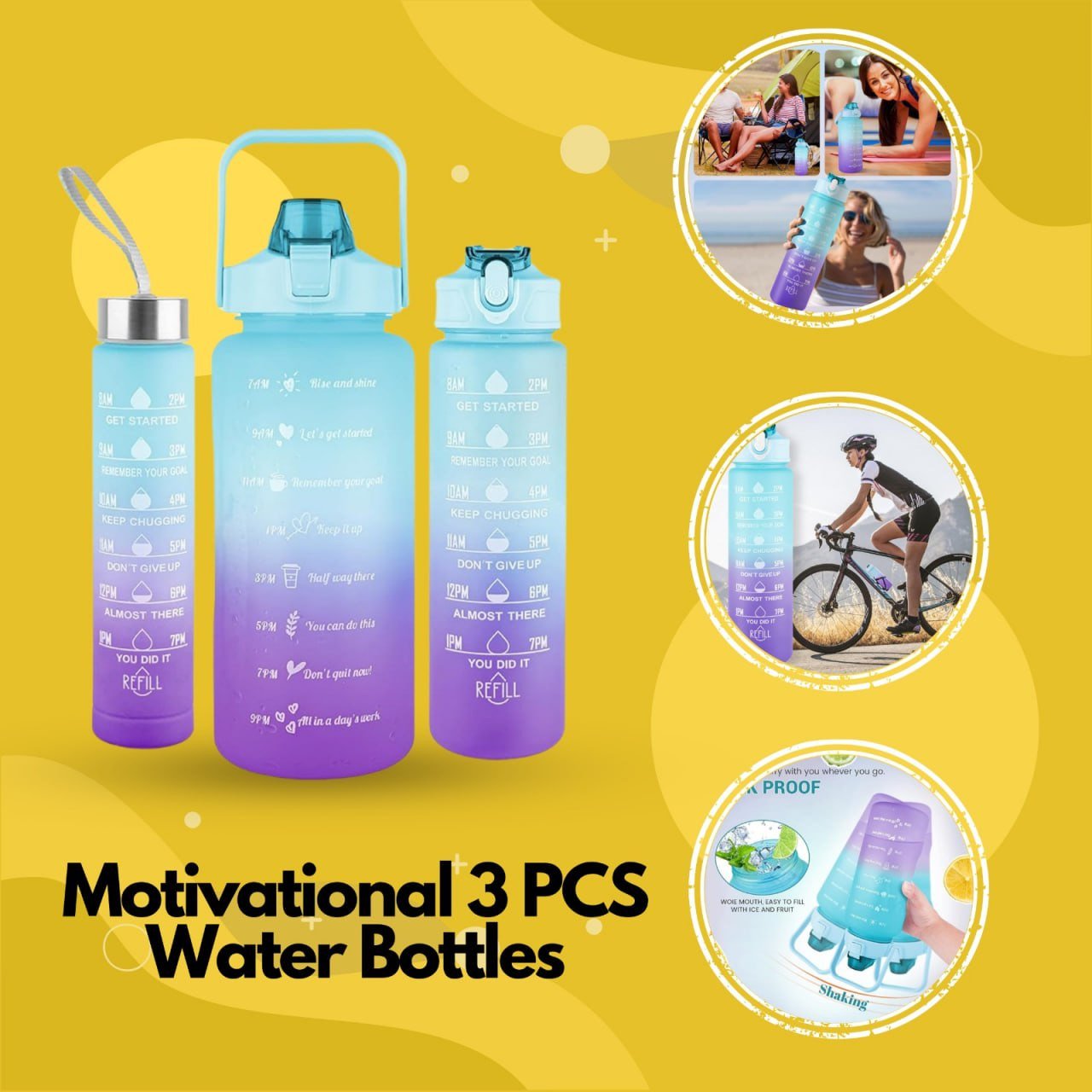 Motivational Silicone Water Bottle 3 in 1 Set