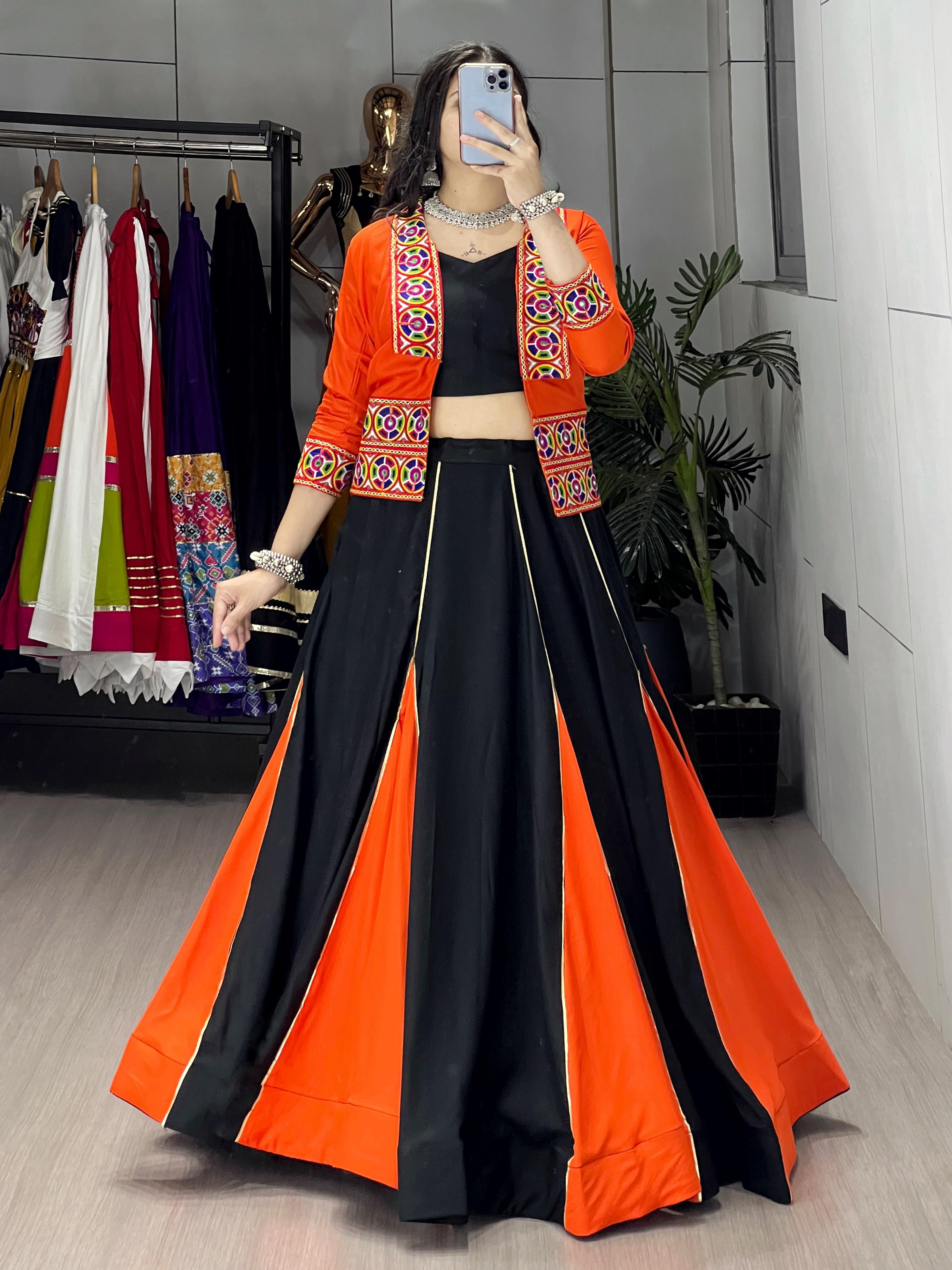 Black & Orange Gujarati Lehenga Choli with Koti & Blouse - Traditional Indian Wedding/Festive Wear