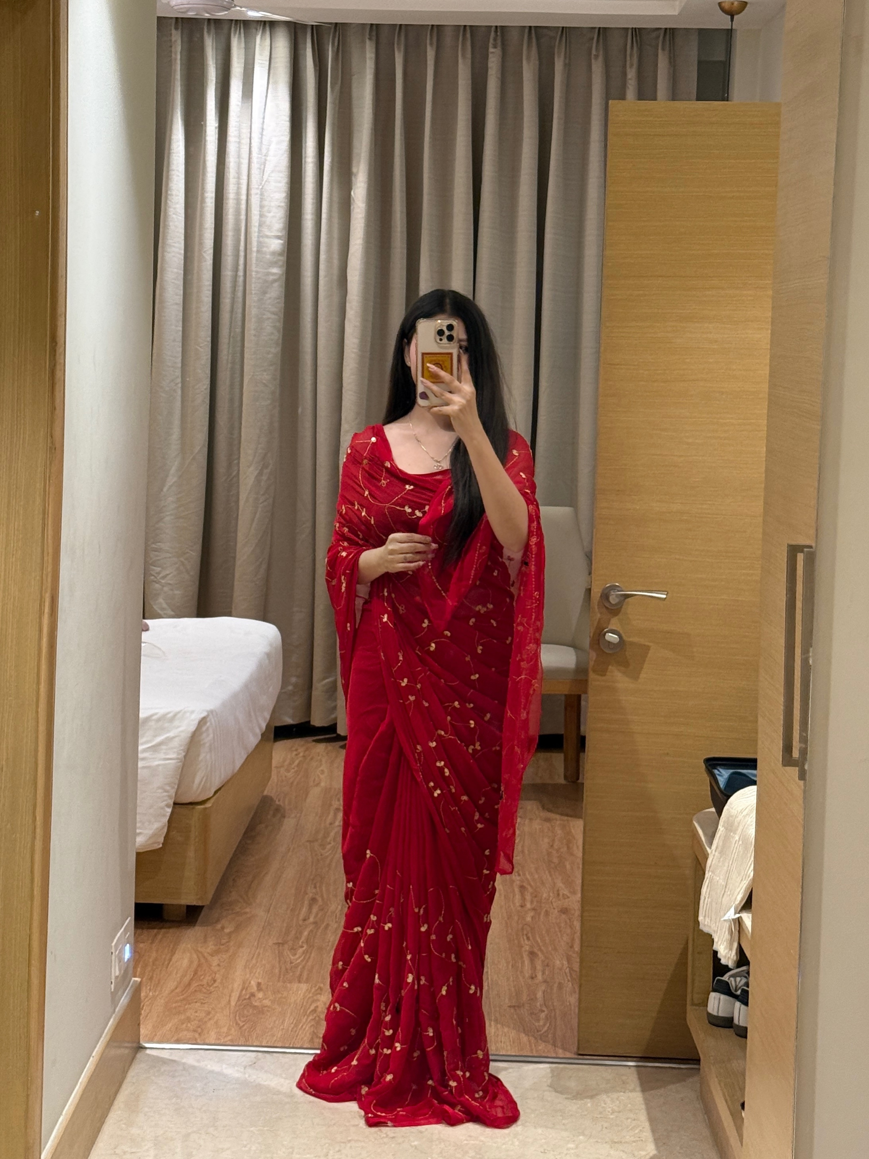 Karwa Chauth Special Red Pure Chiffon Darbari Saree With Blouse | Festive Rajputi Style Saree