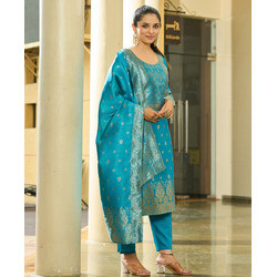 New Silk Jacquard Sky Blue Sandhya Kurta Pant Dupatta Set for Women