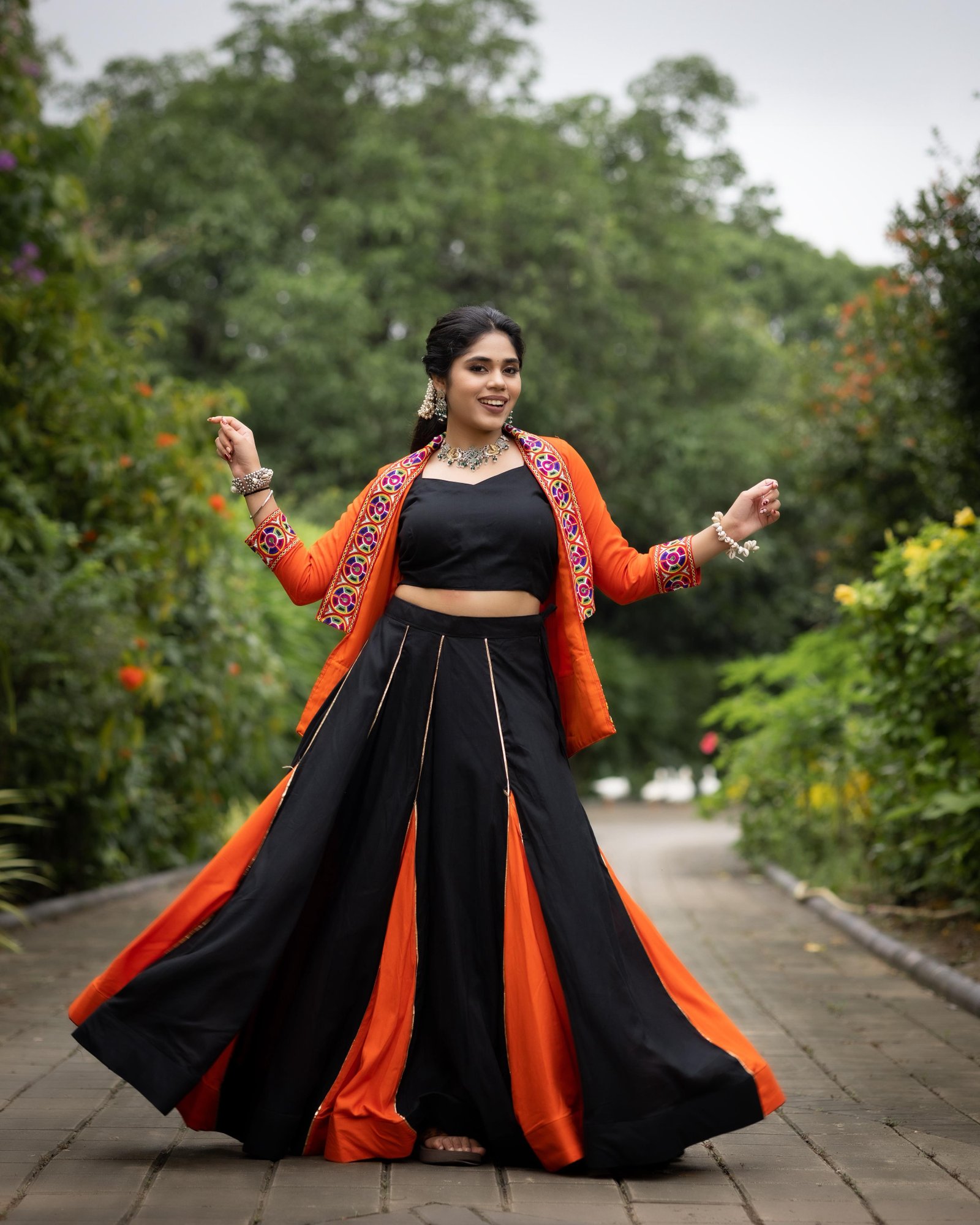 Black Orange Lehenga With Koti and Blouse Chaniya Choli For Women