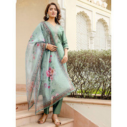 Women’s Embroidered Kurta Pant with Dupatta Set – Sea Green | Tesla Fabric | Festive & Party Wear