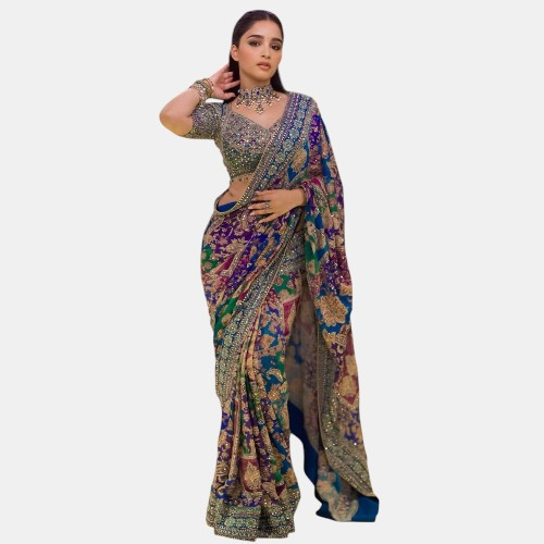 Premium Chinon Silk Real Mirror Work Saree with Printed Design & Unstitched Blouse