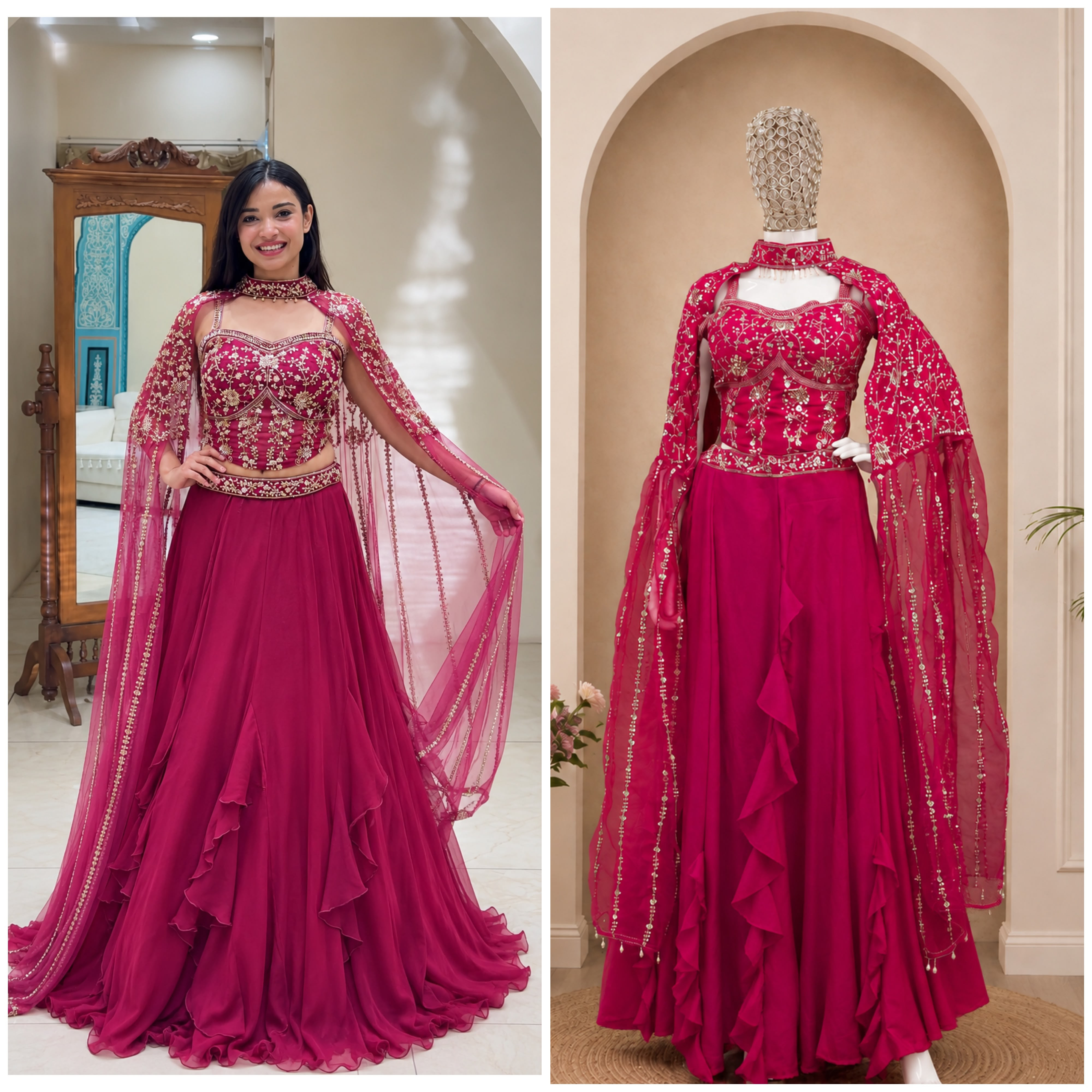 Gajri Colour Sequins Embroidery Lehenga Choli Set