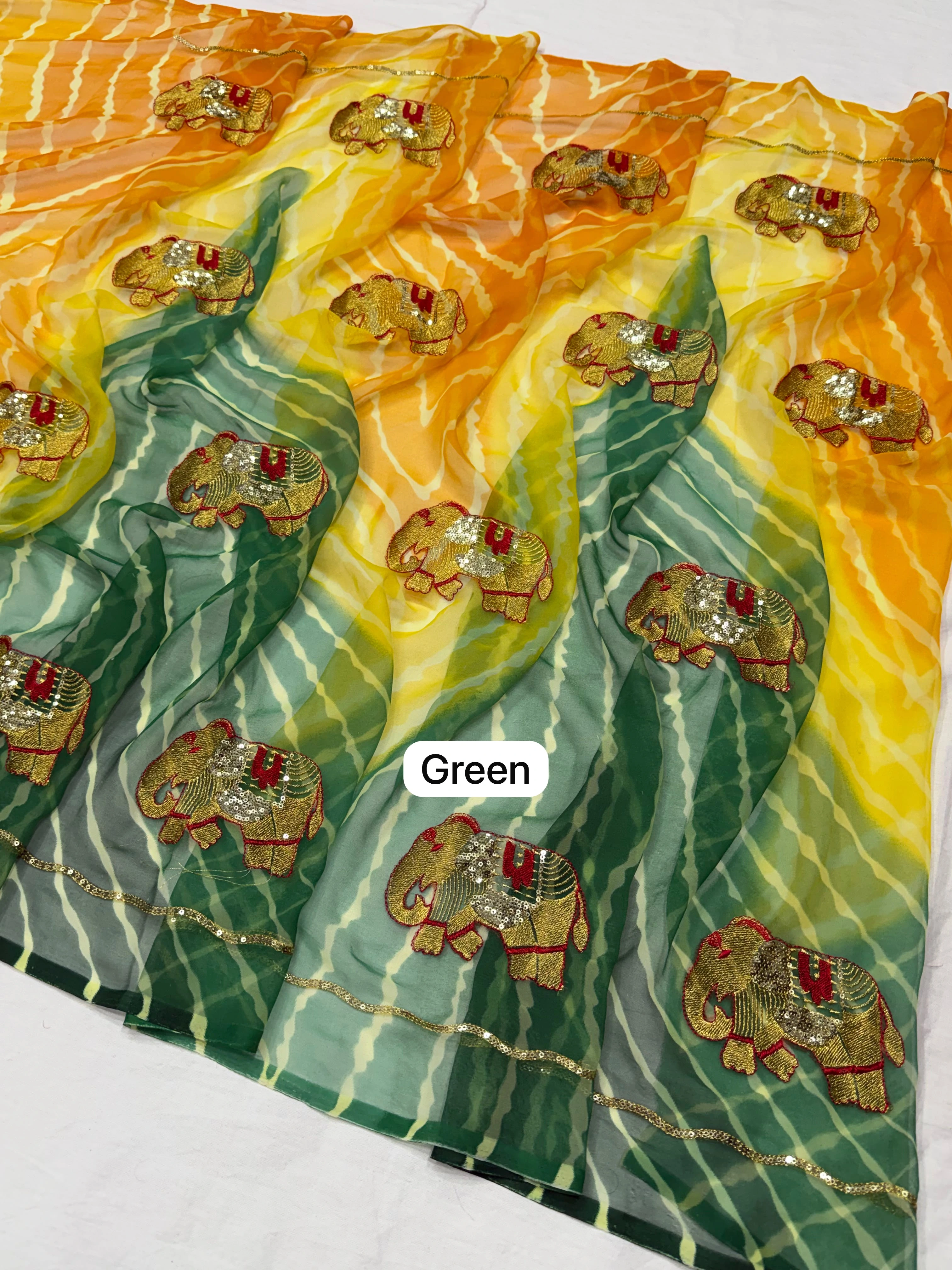 Designer Darbari Leheriya Saree With Elephant Embrodried Work