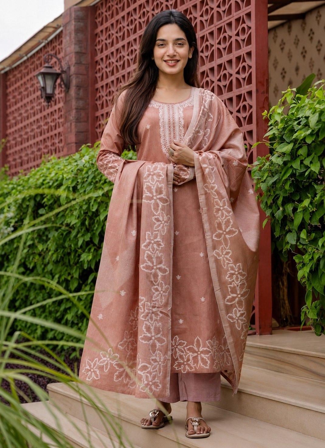 Light Maroon Premium Cotton Kurta Pant Dupatta Set