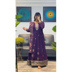 Premium Purple Embroidered Georgette Stitched Anarkali Gown with Dupatta