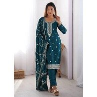 Elegant Rama Green Embroidered Kurta Pant Dupatta Set for Women | Tesla Fabric | Festive & Party Wear