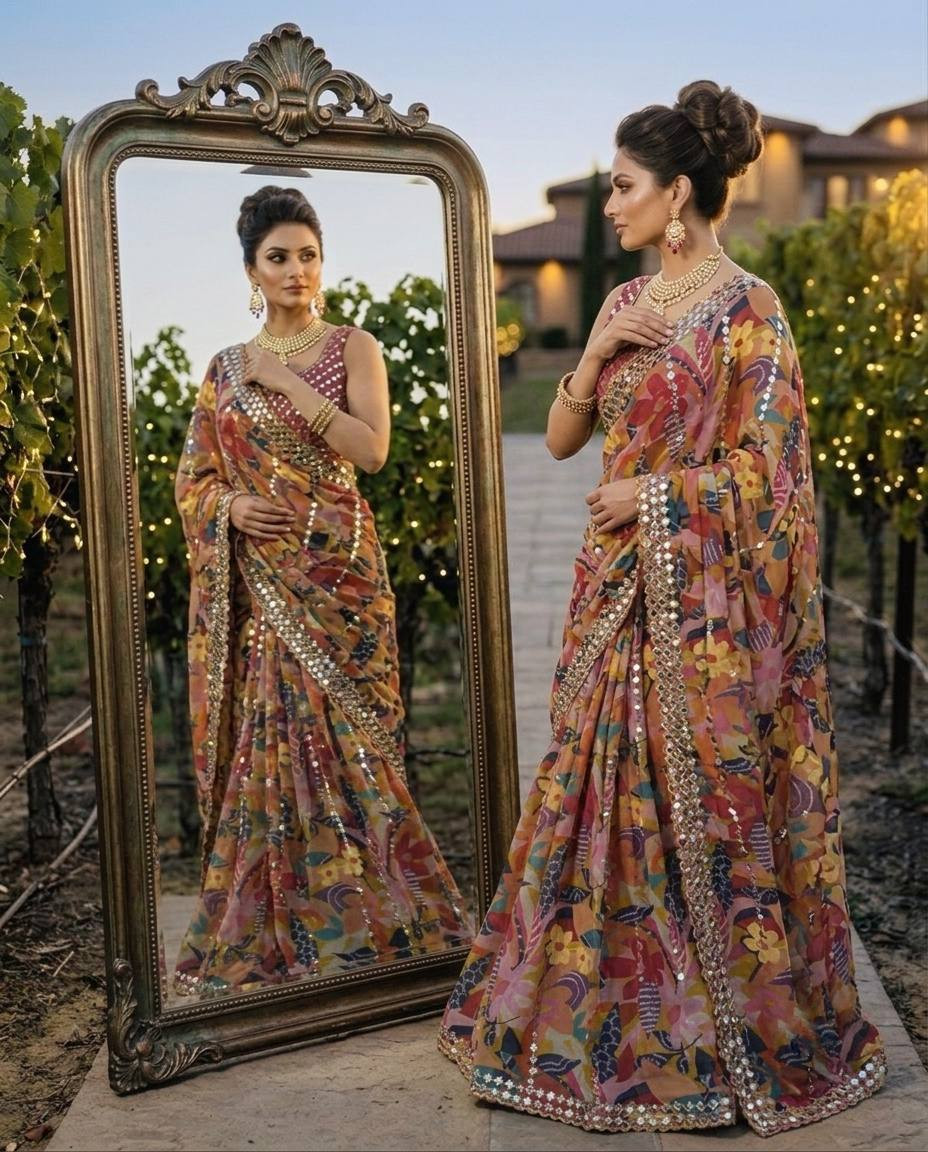 Faux Georgette Beads & Real Mirror Digital Print Saree