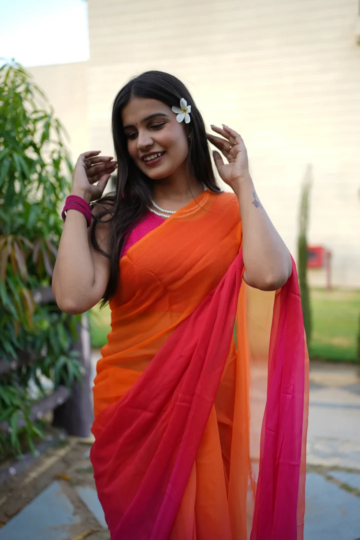 Pure Chiffon Rajputi Saree Orange-Pink Ombre Dual Tone Traditional Ethnic Saree