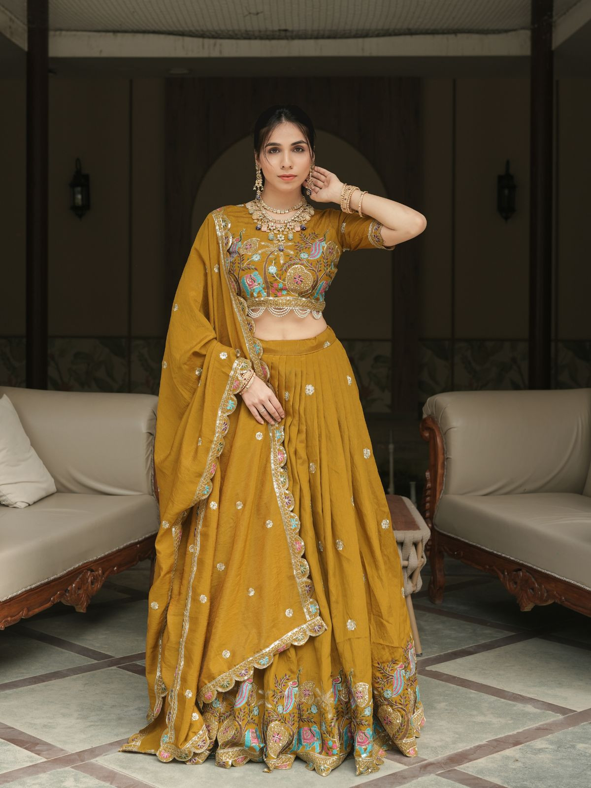 Premium Musturd Fully Stitched Lehenga With Can Can & Canvas Layers