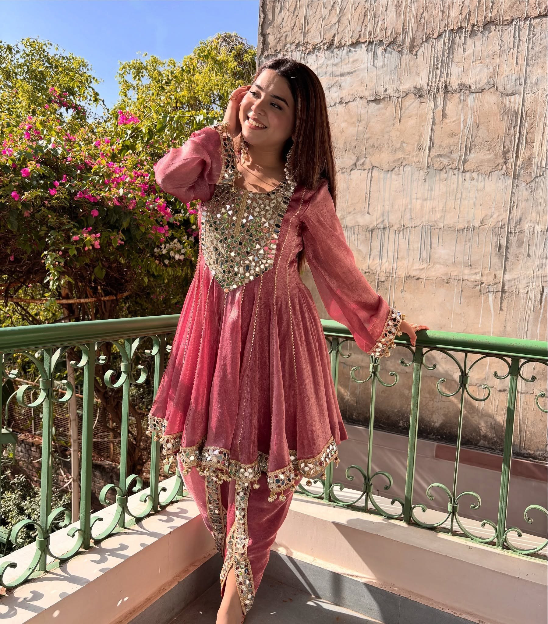Pink Dhoti Style Suit Set for Women | Fandy Silk 3-Piece Suit with Real Mirror Work
