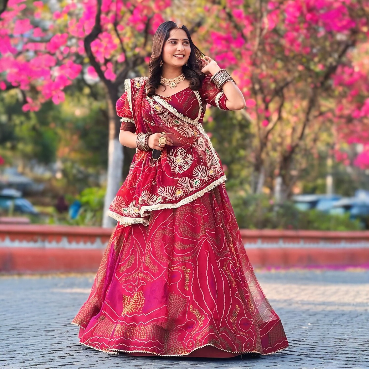 Designer Shekhawati Bandhej Lehenga Set with Hand Zari Work