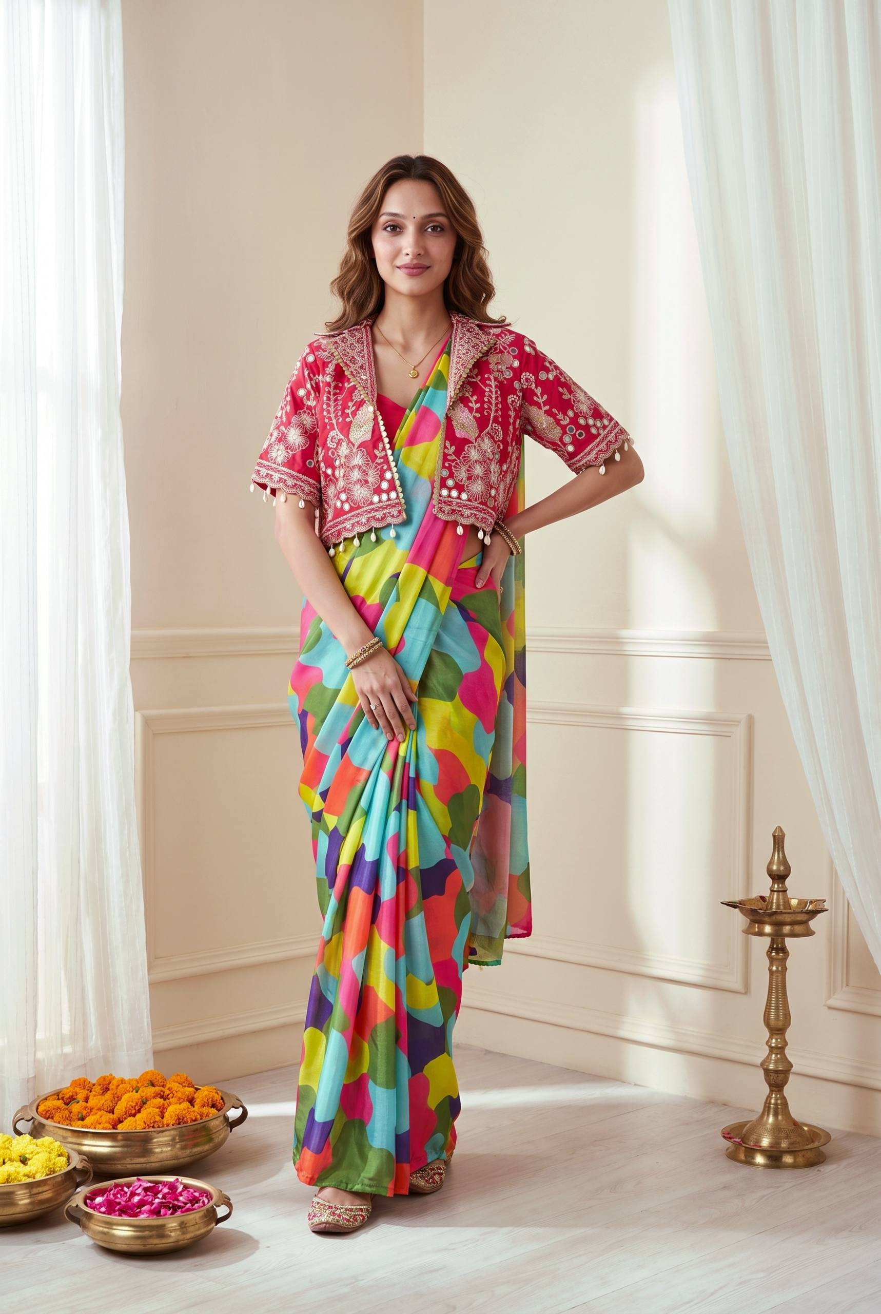 Premium Ready-to-Wear Heavy Chinon Silk Saree with Embroidery Mirror Work Koti