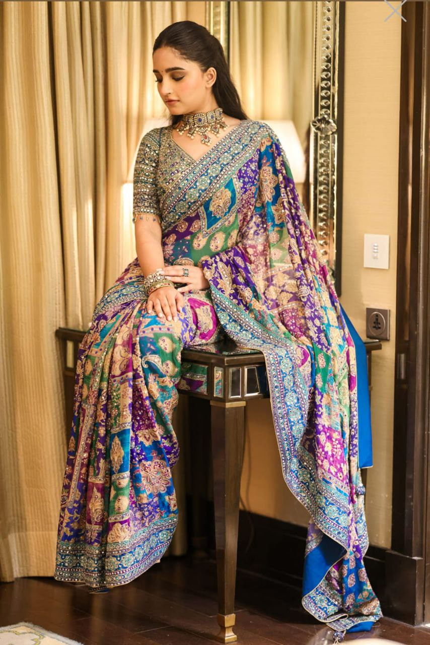 Premium Chinon Silk Real Mirror Work Saree with Printed Design & Unstitched Blouse