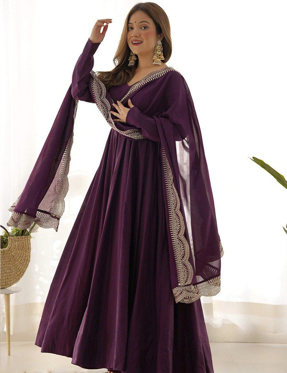 Elegant Wine Solid Georgette Anarkali Gown With Embroidered Lace Dupatta (Sweetheart Neck, Full Sleeves)