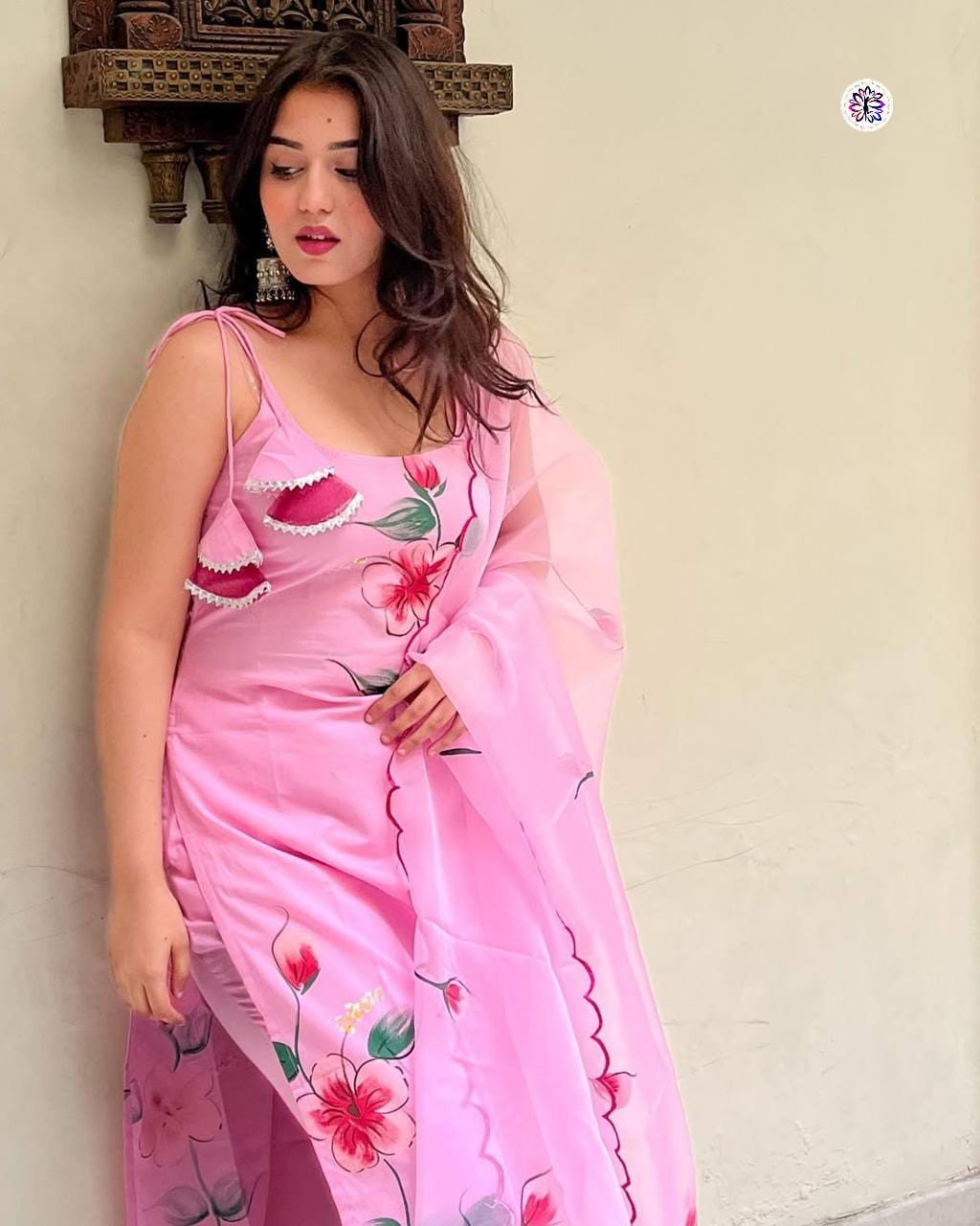 Pink Viscose Twill Printed Suit Set | Chanderi Bottom & Georgette Dupatta
