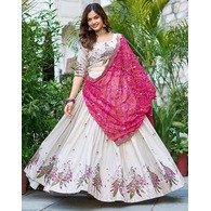 Embellished Semi-Stitched Chinon Lehenga Choli with Embroidered Zari Work & Georgette Dupatta – White