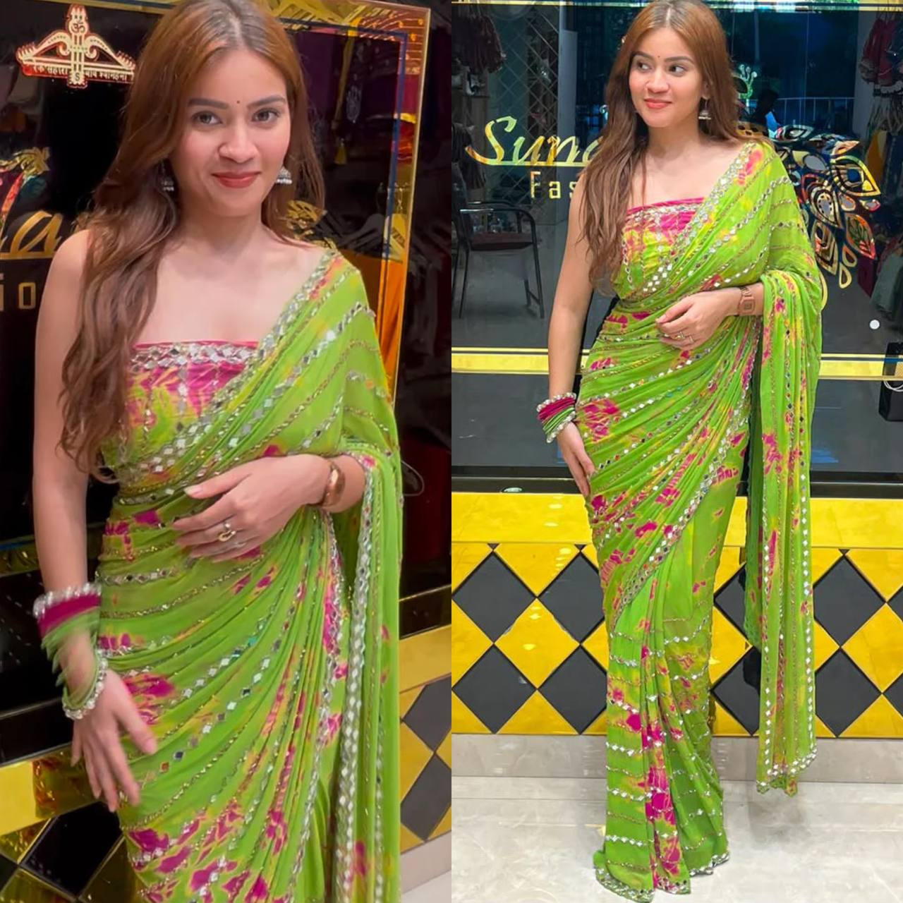 Faux Georgette Beads & Real Mirror Digital Print Saree