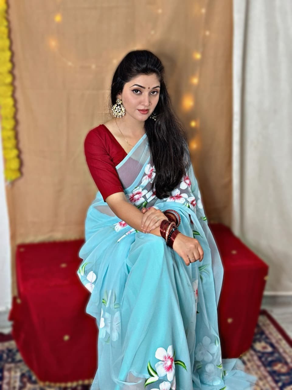 Thakurji Georgette Saree – Brush Print | Branded Rajwadi Collection