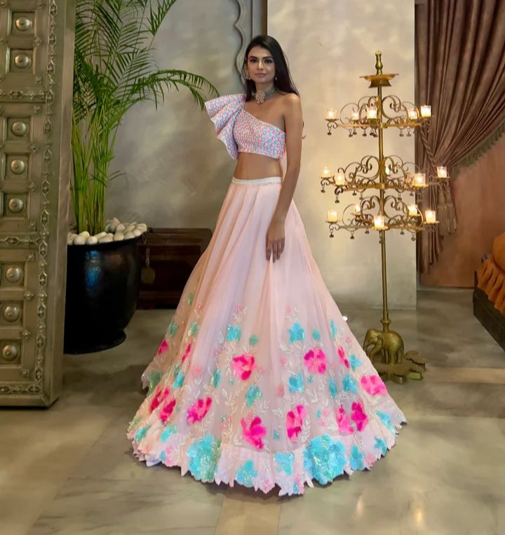 Baby Pink Embroidered Faux Georgette Lehenga Choli with Dual Tone Sequins & Net Dupatta
