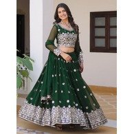 Embellished Semi-Stitched Green Georgette Lehenga Choli with Dupatta