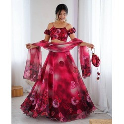 Radiant Red Pure Organza Digital Print Lehenga Set with Jari Work & Batwa Bag (Fully Stitched)