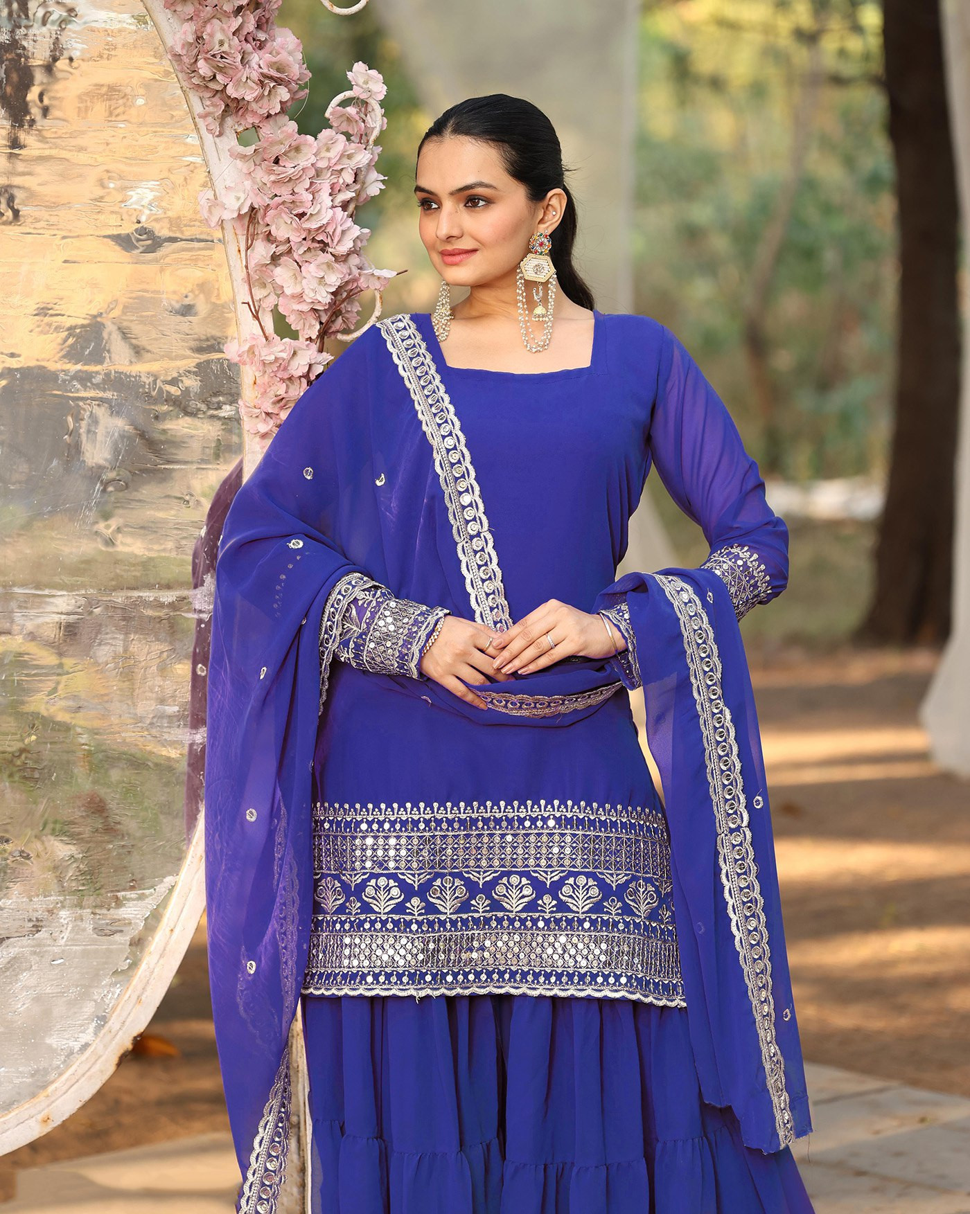 Elegant Blue Georgette Embroidered Kurta Sharara Dupatta Set for Women