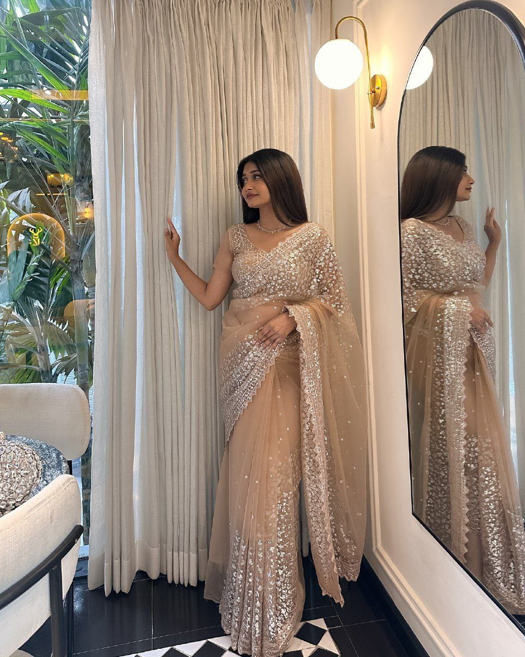 Premium Butterfly Net Saree with Embroidery Sequins Work & Silk Inner