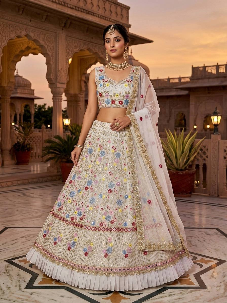 4 Meter Flared Designer Lehenga Set with Real Mirror, Sequins & Frill Work