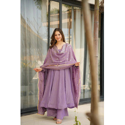 Lavender Vichitra Kurta Pant Dupatta Set with Embroidery