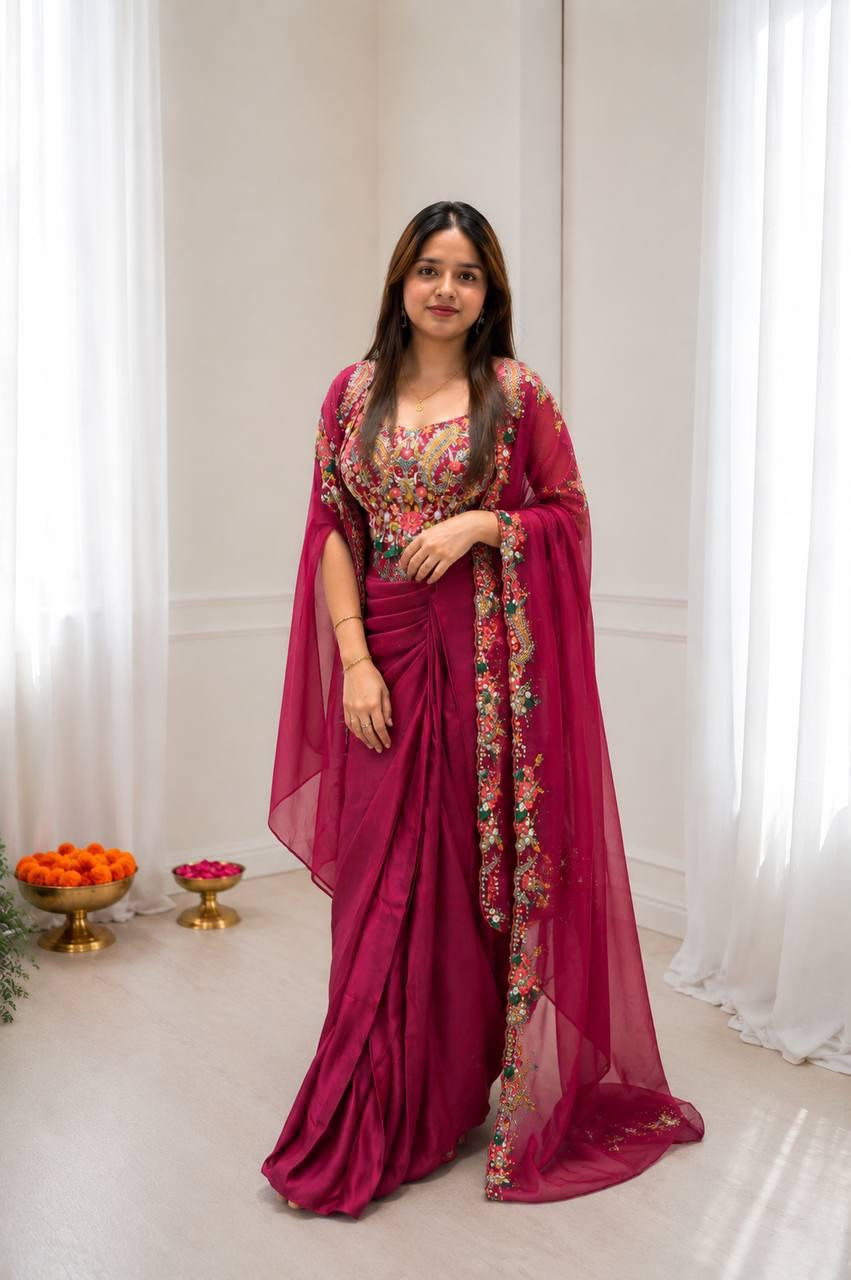 Trending Party Wear Embroidered Shrug with Sharara & Blouse – 3 Piece Festive Set