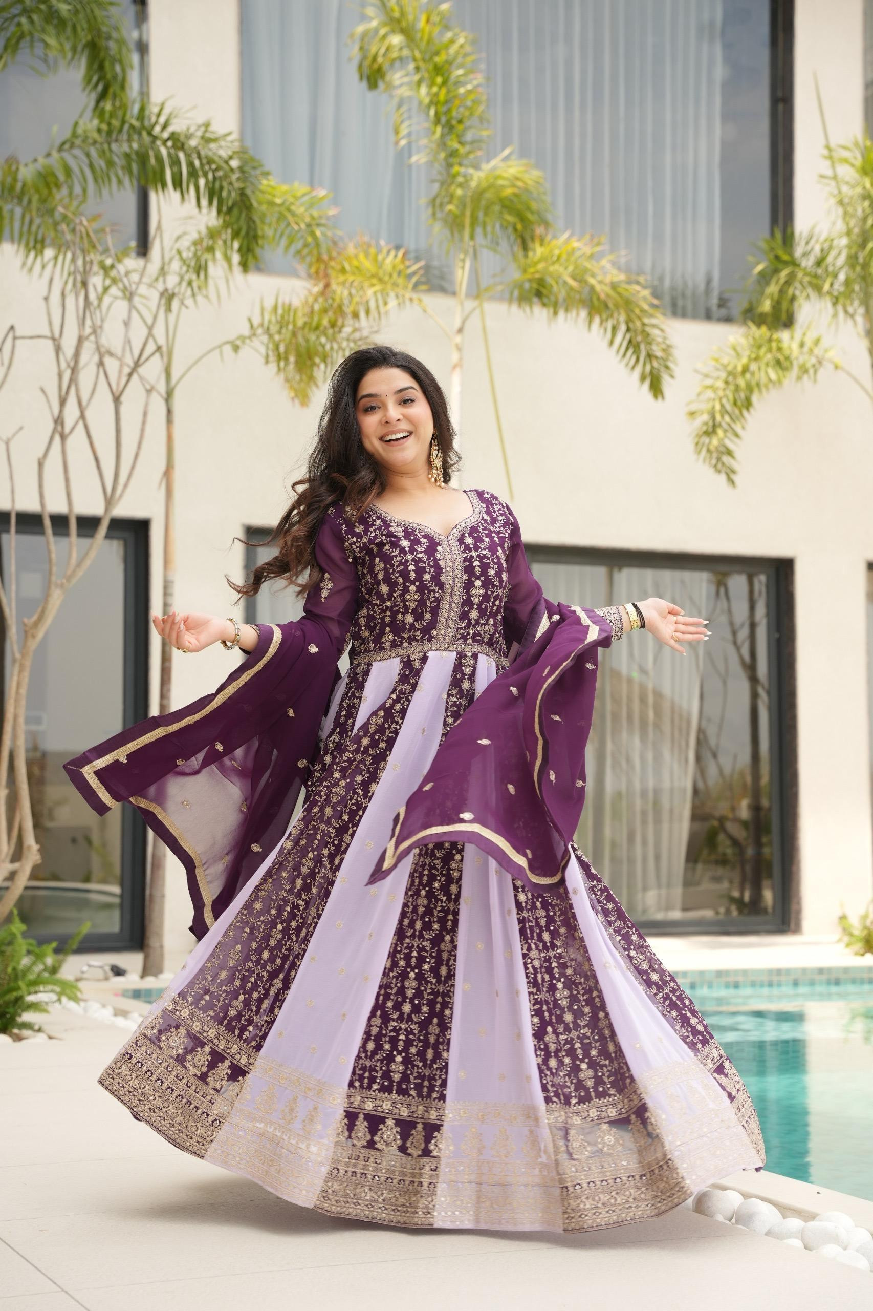 Royal Blossom Embroidered Gown Set with Matching Dupatta