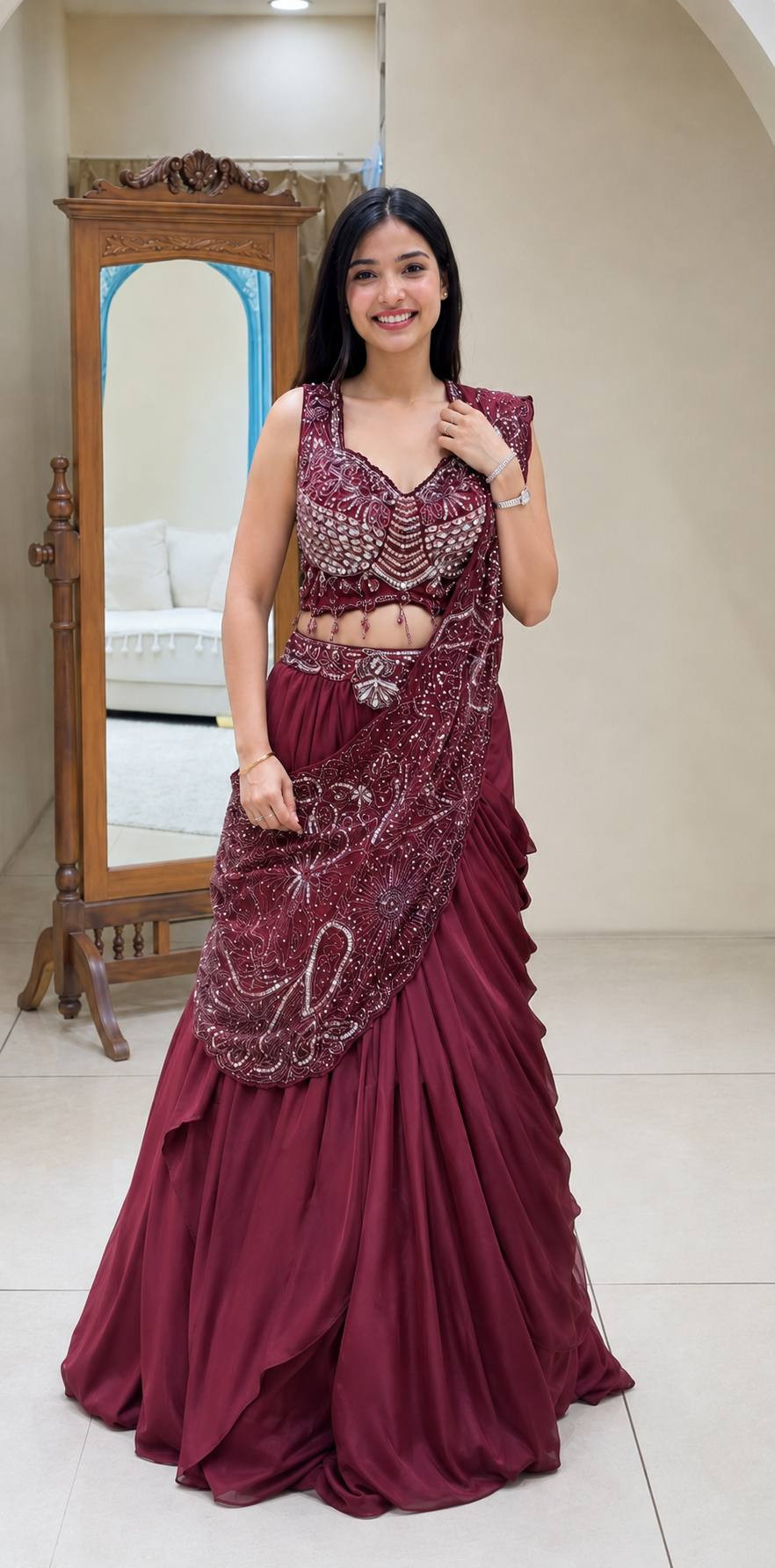 Rangoli Silk Lehenga Style Saree with Blouse – Embroidery Sequins Work & Attached Pallu