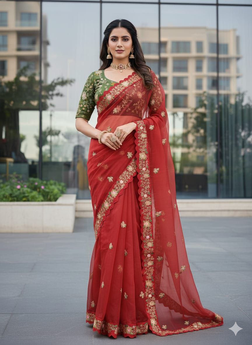Premium Organza Silk Multi Work Saree with Coding & Sequins Work with Diamond Silk Blouse