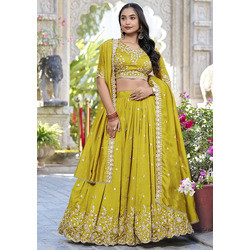 Elegant Chinon Semi-Stitched Embroidered Lehenga Set with Dupatta & Unstitched Blouse